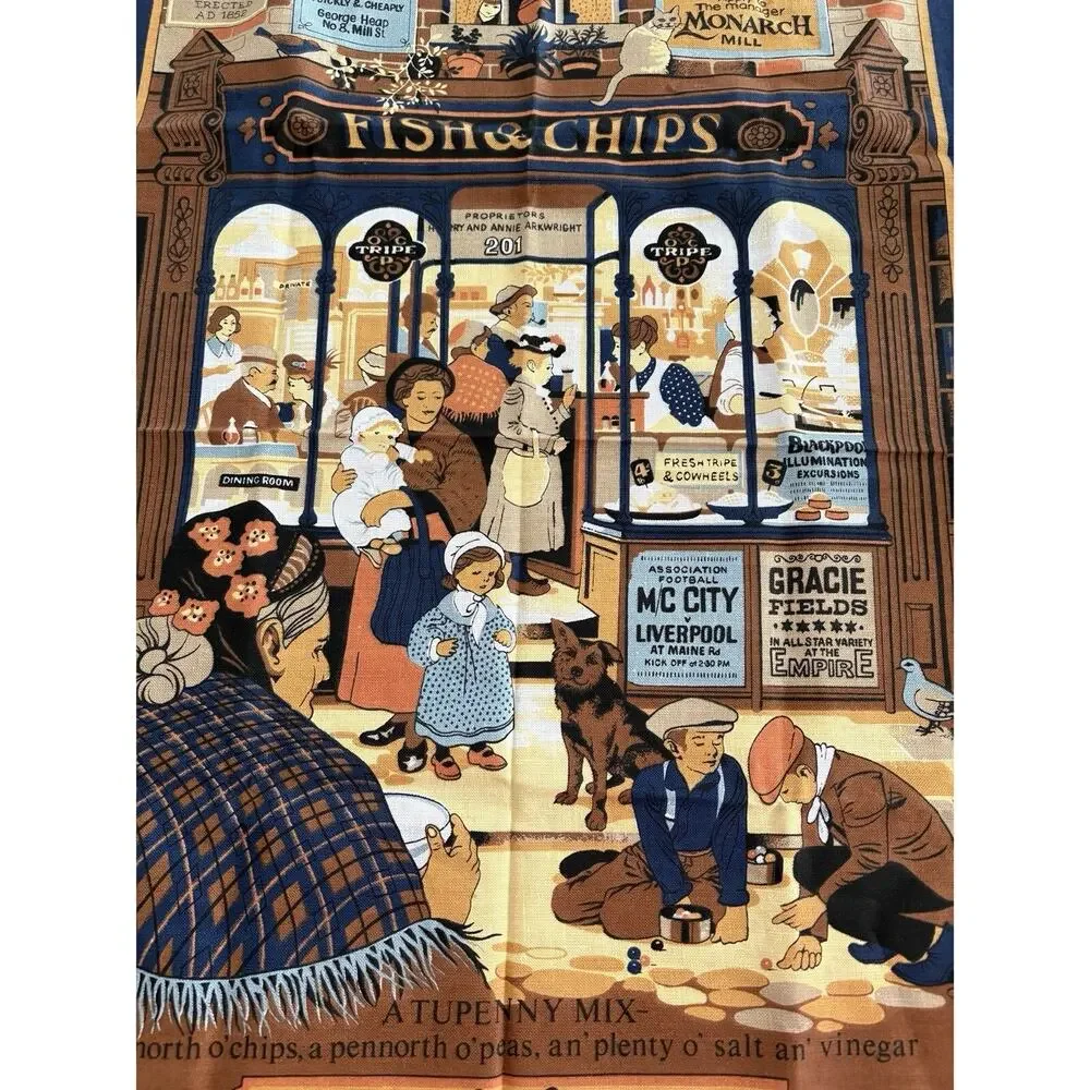 Vintage Vista British Fish & Chips All Cotton Tea Towel NEW Fabric Poster